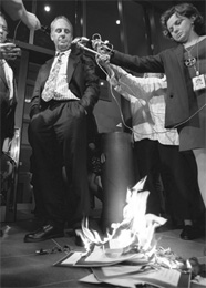 Philip at Parliament House, Canberra, burning the Rights of The Terminally Ill Act 1995 and the Constitution of the Northern Territory as a symbolic protest in the early hours of 24 March 1997, after the Act had been overturned by the Senate 